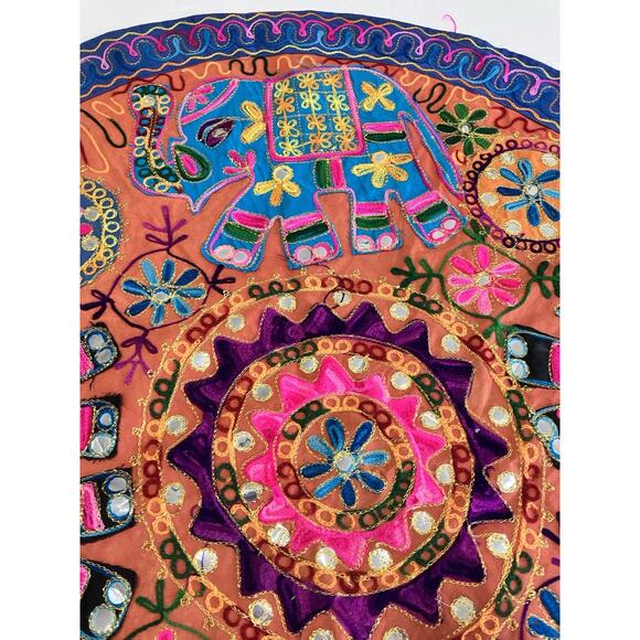 Wall Hanging table topper cotton Elephant embroidery Mirrors 35” Round Boho - Picture 6 of 16